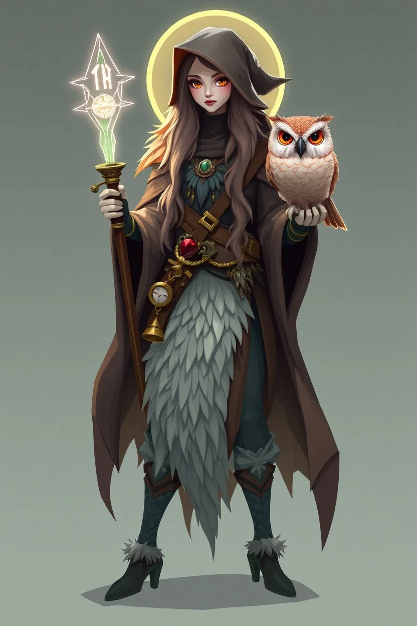 good low poly merman thief priest with long fur all over her entire body and bright aura and a nerd magical wizard fish owl