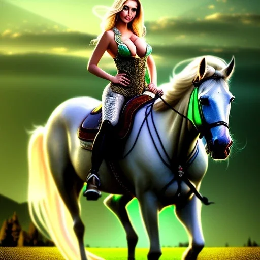 fullbody portrait of beautiful booty busty blonde with big green eyes woman riding a horse by Rafael 8k