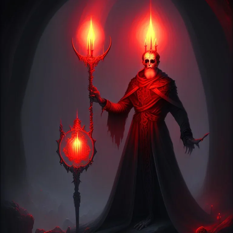 Evil,bloody Old human Necromancer in dark robes in a dark cave covered in darkness