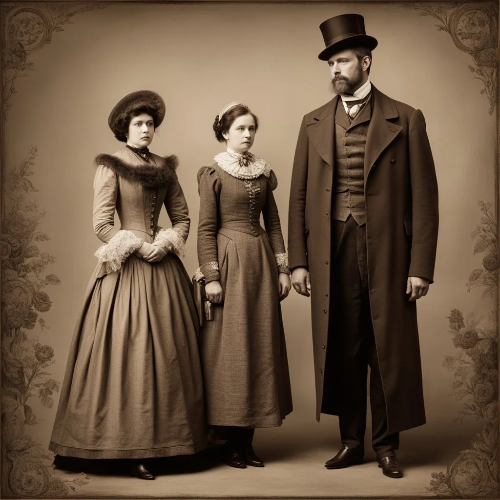 In the sepia tones of a bygone era, a Victorian family stands in solemn attire, their faces reflecting the austere demeanor of the times. At the center, an anachronistic figure, a cylindrical automaton with appendages that seem to mock the conventions of human form, stands in stark contrast to its human counterparts. This tableau challenges the viewer, juxtaposing the rigid human portraits with the whimsical inclusion of a mechanical entity, blurring the lines between history and fantasy.