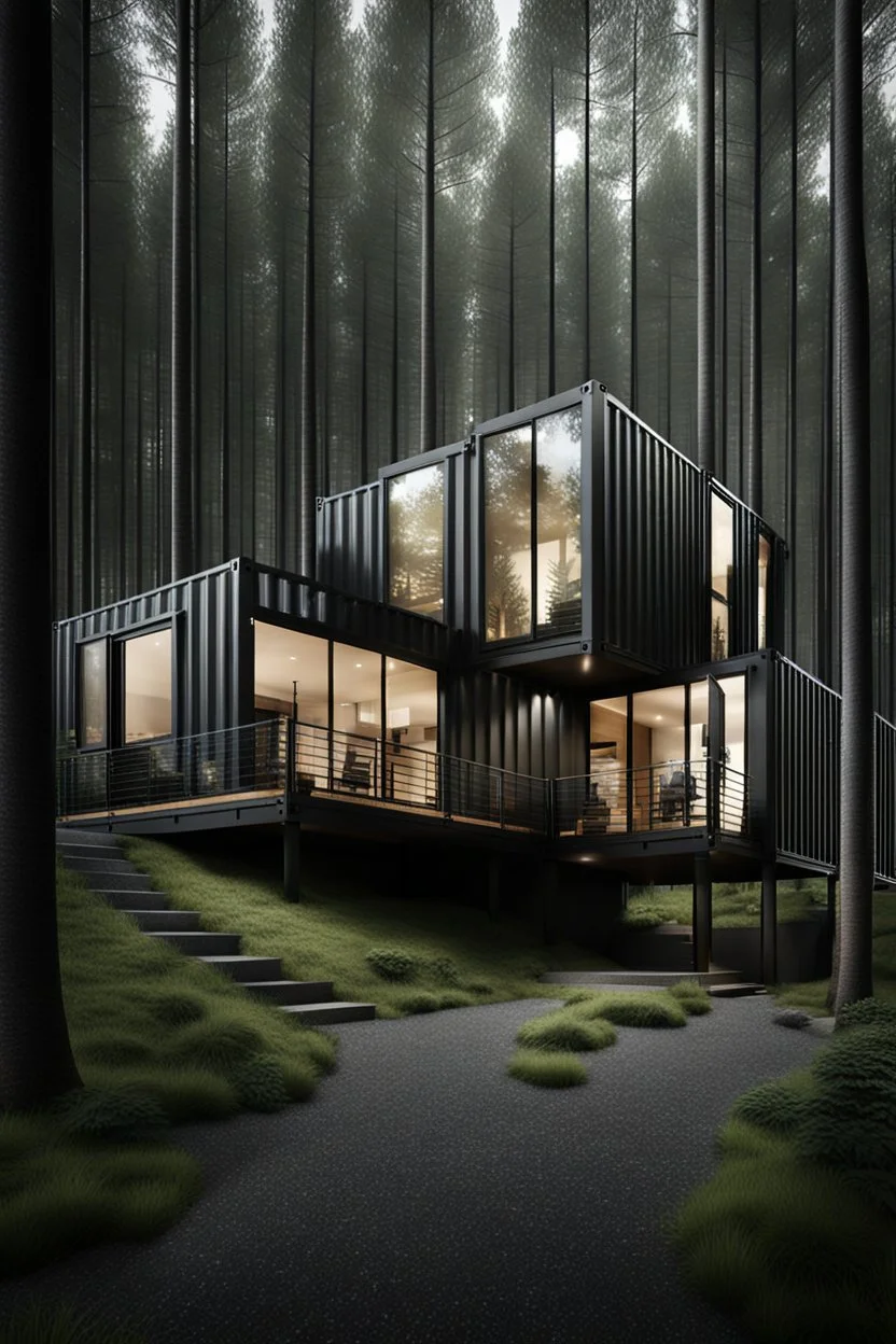large house in the woods made from shipping containers, photorealistic
