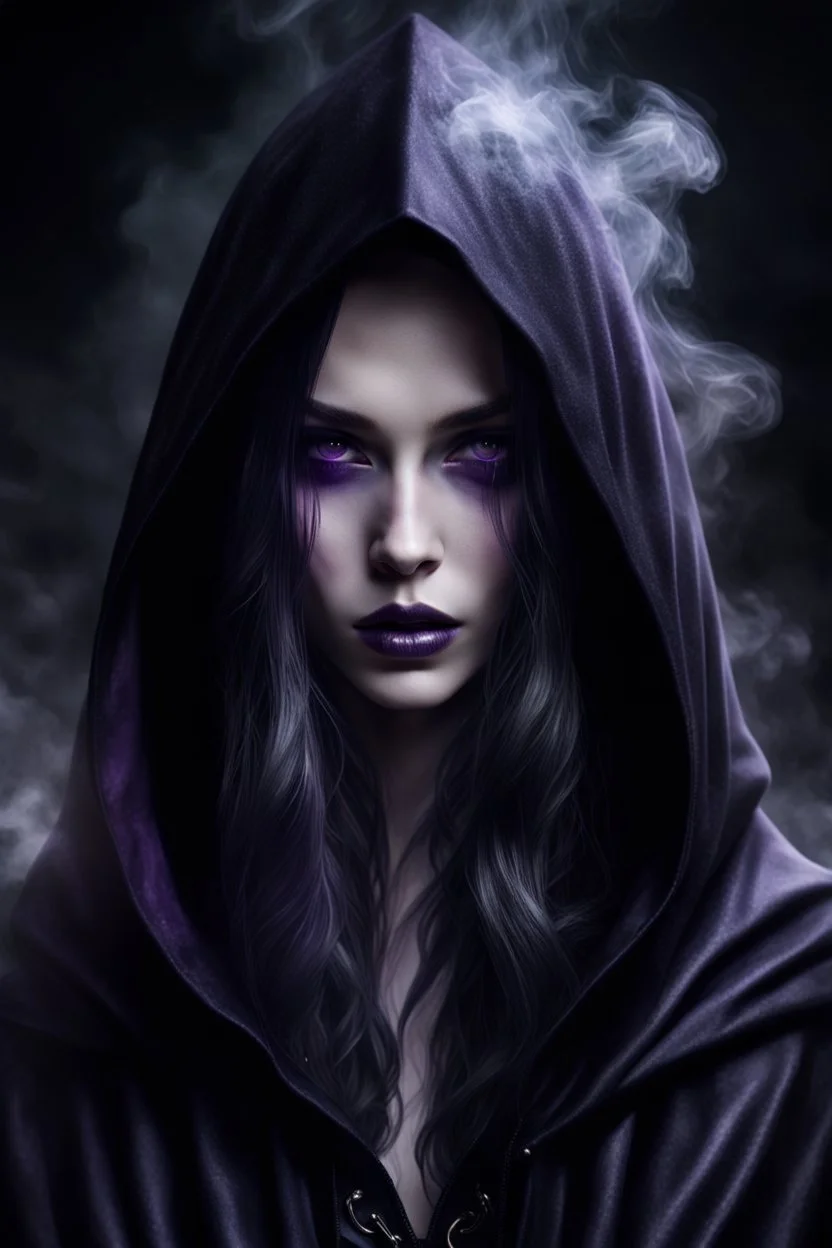 portrait a dark fairy with a pale face, long dark hair, in a dark purple shiny black hooded cloak, suggestive dark deep gaze, impressive, perfect, cold beauty, dark, sad, gothic mood, atmospheric, smoke, high detalied, high realistic, photorealistic