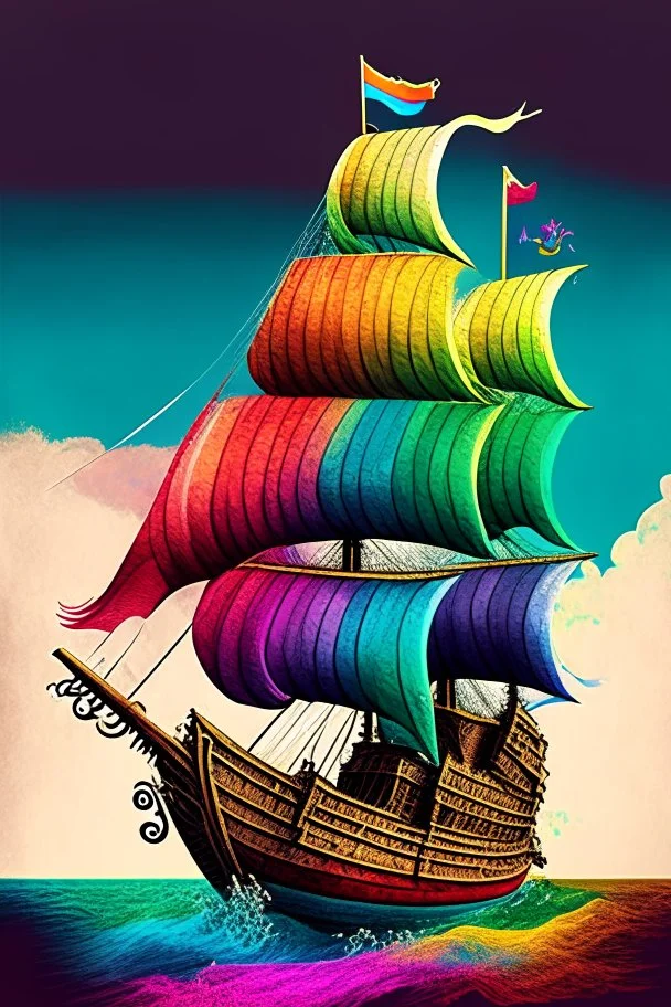 medival colorfoul rainbow ship sailing