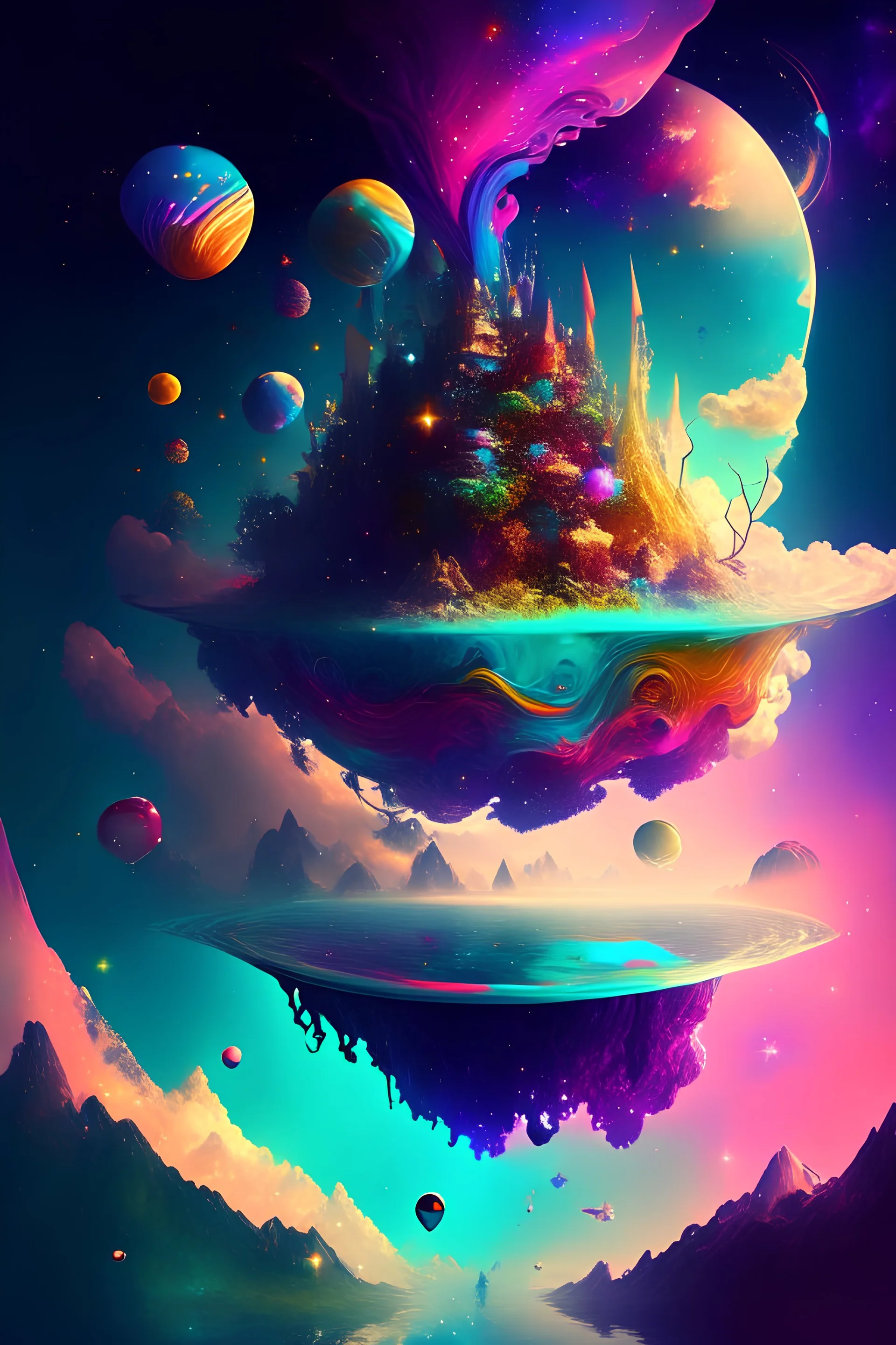 Fantasy world floating in the colorful universe