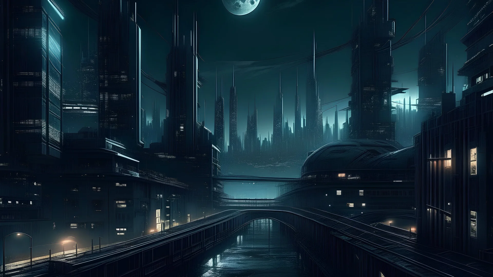 dark cyberpunk cityscape nighttime moon