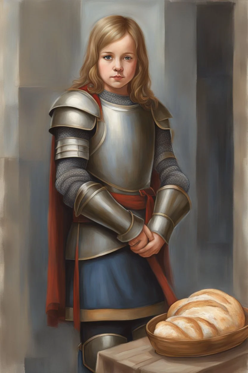 Portrait Art **Featured Art:** Joan, the Philanthropist: A more intimate approach. Joan's armor is replaced by simple garments. She kneels, handing a crust of bread to a child laborer. Her eyes reflect both strength and deep compassion. **Appearance:** evocative portrait concepts of Joan of Arc (an French female / women patron saint of France, honored as a defender of the French nation for her role in the siege of Orléans and her insistence on the coronation of Charles VII of France during the H