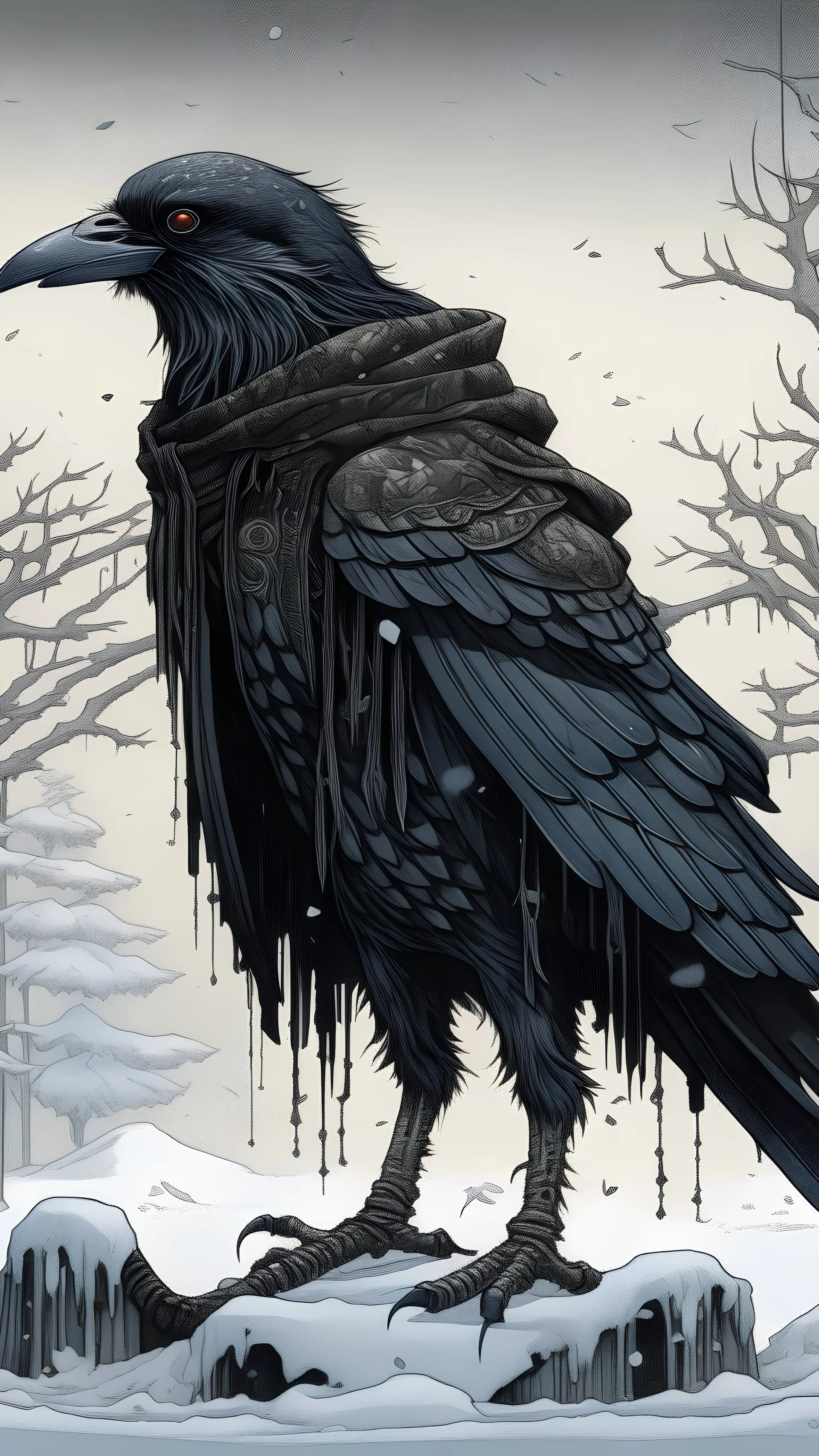 An illustration by Jakuchu and Monet of a human-like raven adorned in a punk leather jacket within a snowy atmosphere.