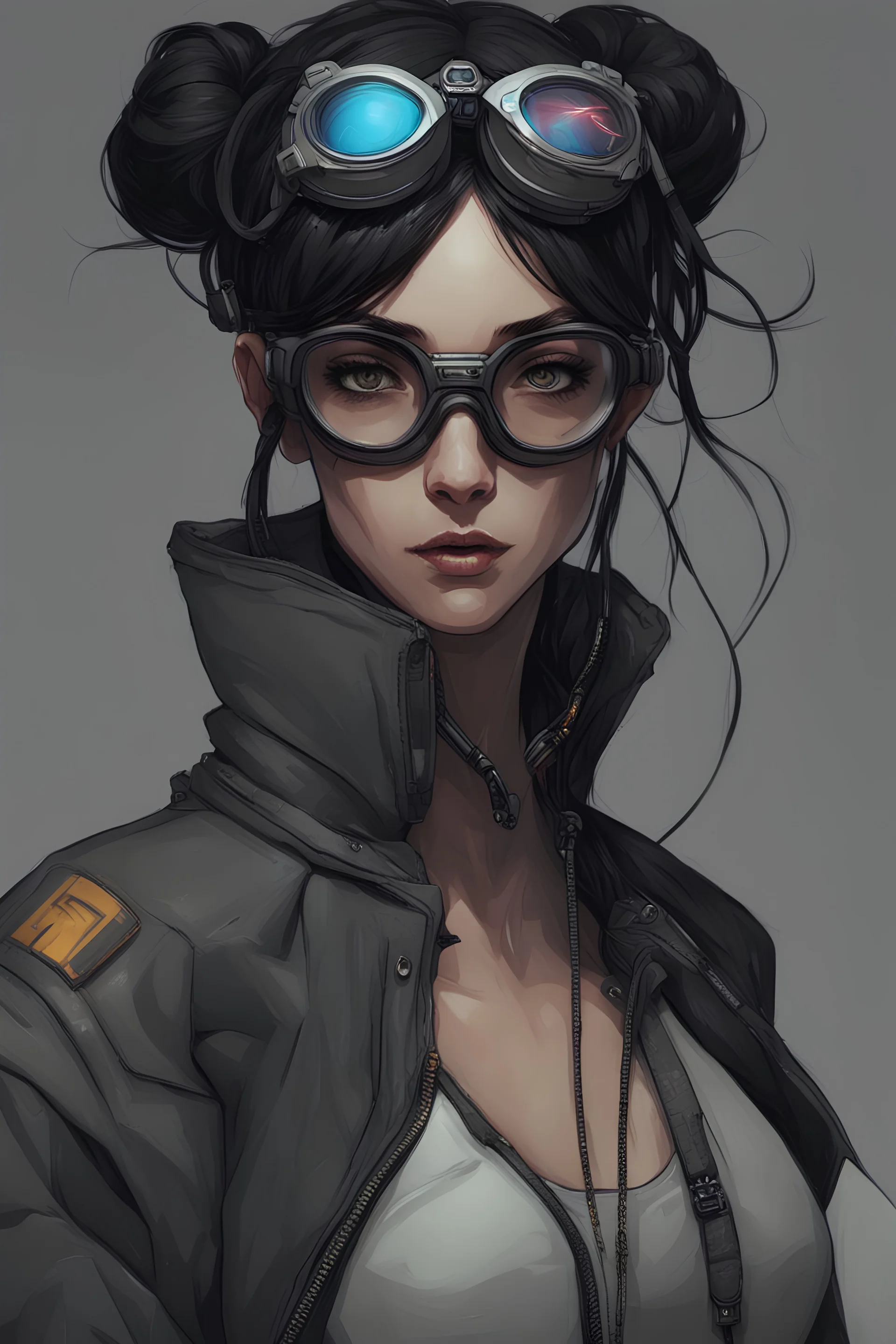 Cyberpunk black haired female netrunner with goggles