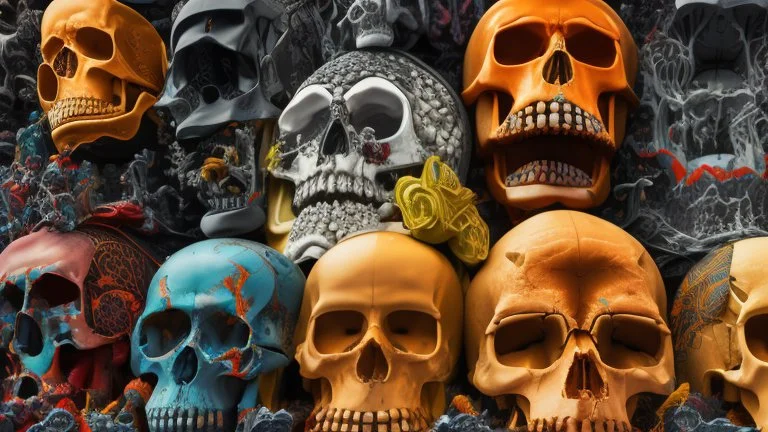 a picture of a dark, comedic, anatomically correct wall of colorful tightly packed skulls of varying sizes and expressions, photo realistic, insanely meticulous, highly detailed, part of a collection of bones on display, 64k, dystopian, vray