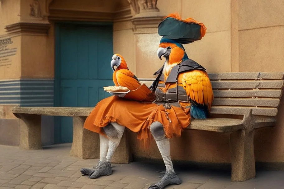 Half parrot half human in a 1700s Orange Dutch uniform siting on a bench in a Dutch city eating a loaf of bread