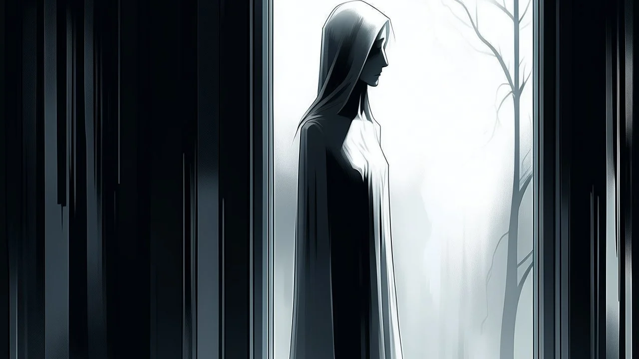 A dark and surreal digital illustration of a towering, slender figure gazing out of a towering window. The lady's ghostly pale face conveys a deep sense of sorrow and despair, evoking a haunting and eerie atmosphere