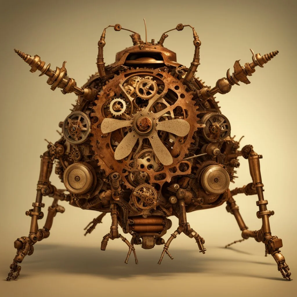 mechanical robotic stinkbug with steampunk gears all over the place, complete mechanical stinkbug beetle