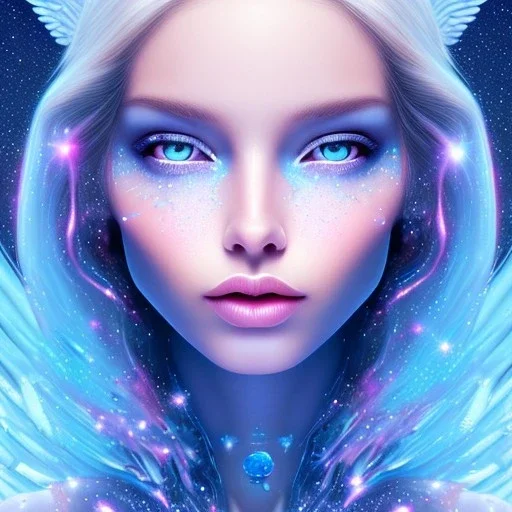 Face Angel crystalline,blond hair, blue eye ,pink , cosmic, opalescent, gemstones, crystals, other worldly,water,bright, ice background, snow lake blue