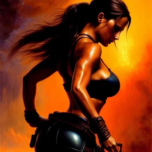 Drawing of beautiful face,'beautiful booty,Busty Lara Croft',intense stare, ancient skintight armor, balanciaga fashion clothe painting by gaston bussiere, greg rutkowski, yoji shinkawa, yoshitaka amano, tsutomu nihei, donato giancola, tim hildebrandt, Oil on canvas, cinematic composition, extreme detail,fit full head inside picture,16k