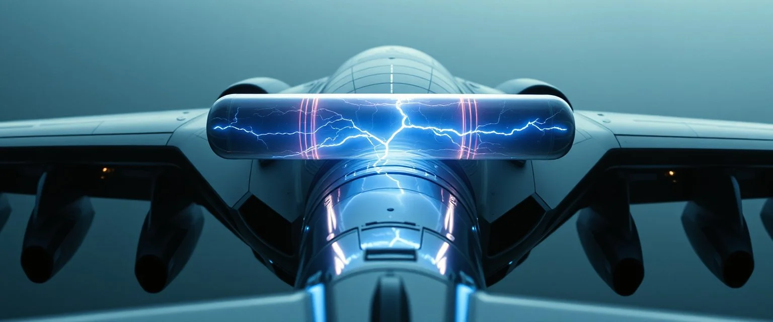 A futuristic airplane seen from the side. A glowing transparent lightning tube is mounted horizontally across the rear of the aircraft, perpendicular to the fuselage, like a crosswise energy reactor. Blue-white lightning inside the tube. Cinematic, realistic, industrial sci-fi.