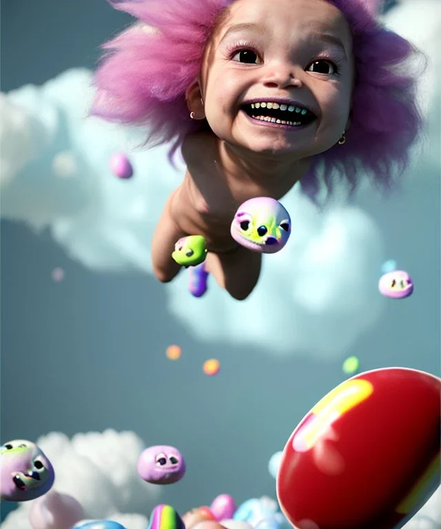 Ultra realistic speed clouds sky scene, wide angle view, sweet childs falling down, inflatable color clothing, free jumping flying, many trinkets, monster head, hair monster, many jelly beans, balls, color smoke, smile, happy, circus style, extreme, wind, clouds sea, 20,000 feet altitude, stratosphere, soft color, highly detailed, unreal engine 5, ray tracing, RTX, lumen lighting, ultra detail, volumetric lighting, 3d, finely drawn, high definition, high resolution.