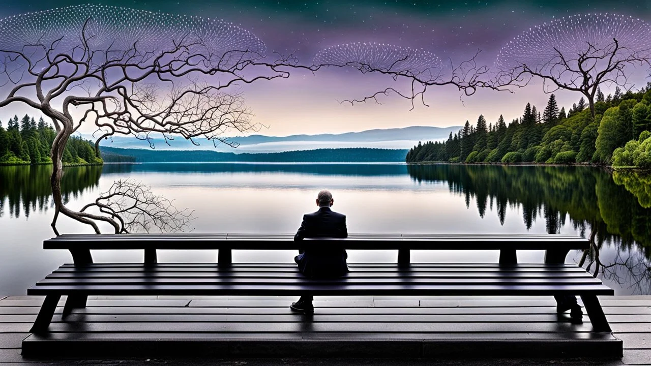 back to the camera on a beautiful amorph bench a figure sittings in a beautiful landscape and overlooking the water of the nearby lake, calm, harmonious atmosphere, muted dark colors, purple, white, gray, green, blue, brown, silver, and pale colors, ,not too colorful colors, Whimsical style and giant stunning neuron network all over the sky, half shadow and half light picture, surreal stunning vibe