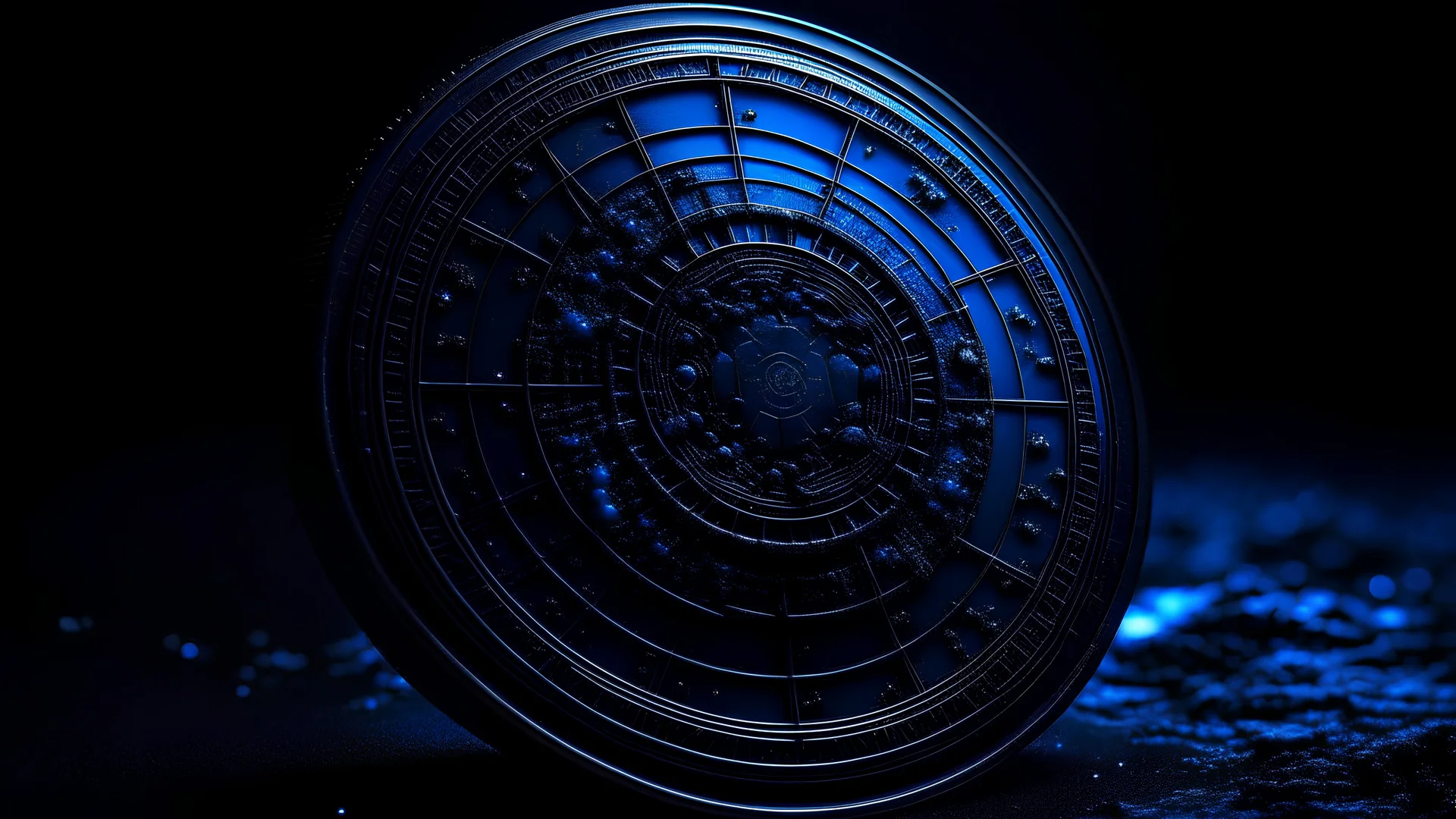 A captivating and mysterious color photo of Digital Universe Coin unveils its dark-themed allure. Bathed in midnight blues and shadowy blacks, the coin exudes a sense of enigmatic intrigue. Intricate patterns resembling constellations adorn its surface, while a cosmic backdrop adds an ethereal touch. Shot with specialized low-light equipment, this collaboration of visionary minds captures the mystique of the digital universe. —c 10 —ar 2:3