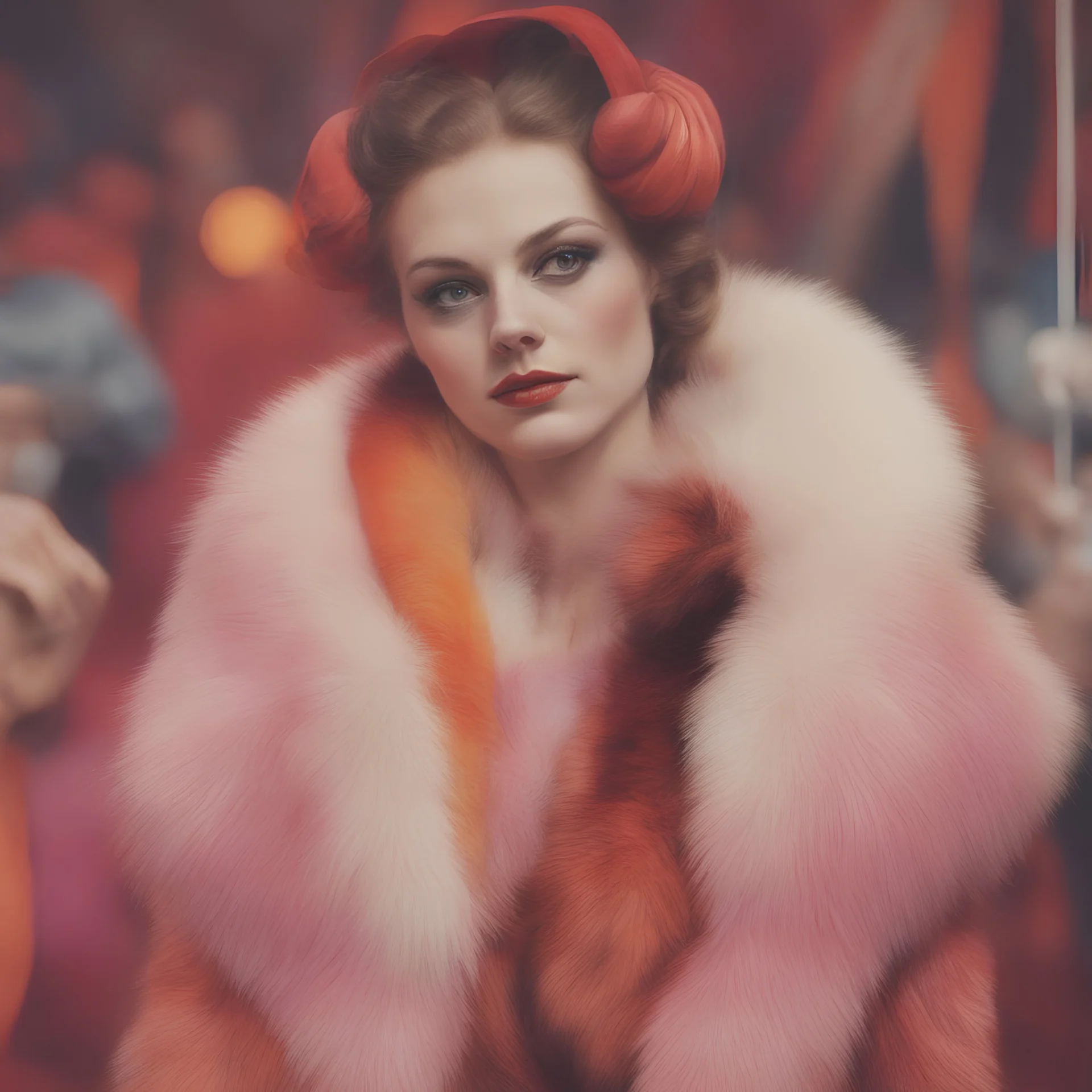 A woman in fur, at the circus, red, orange, pink