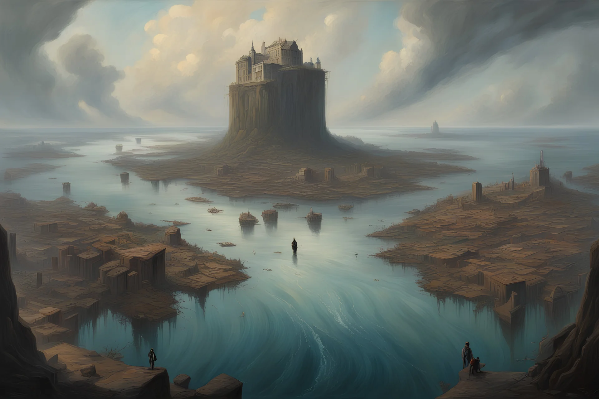 oil painting, flooded city, some small islands visible in the distance and there is a single human on each of them, seeing everything from a tall cliff