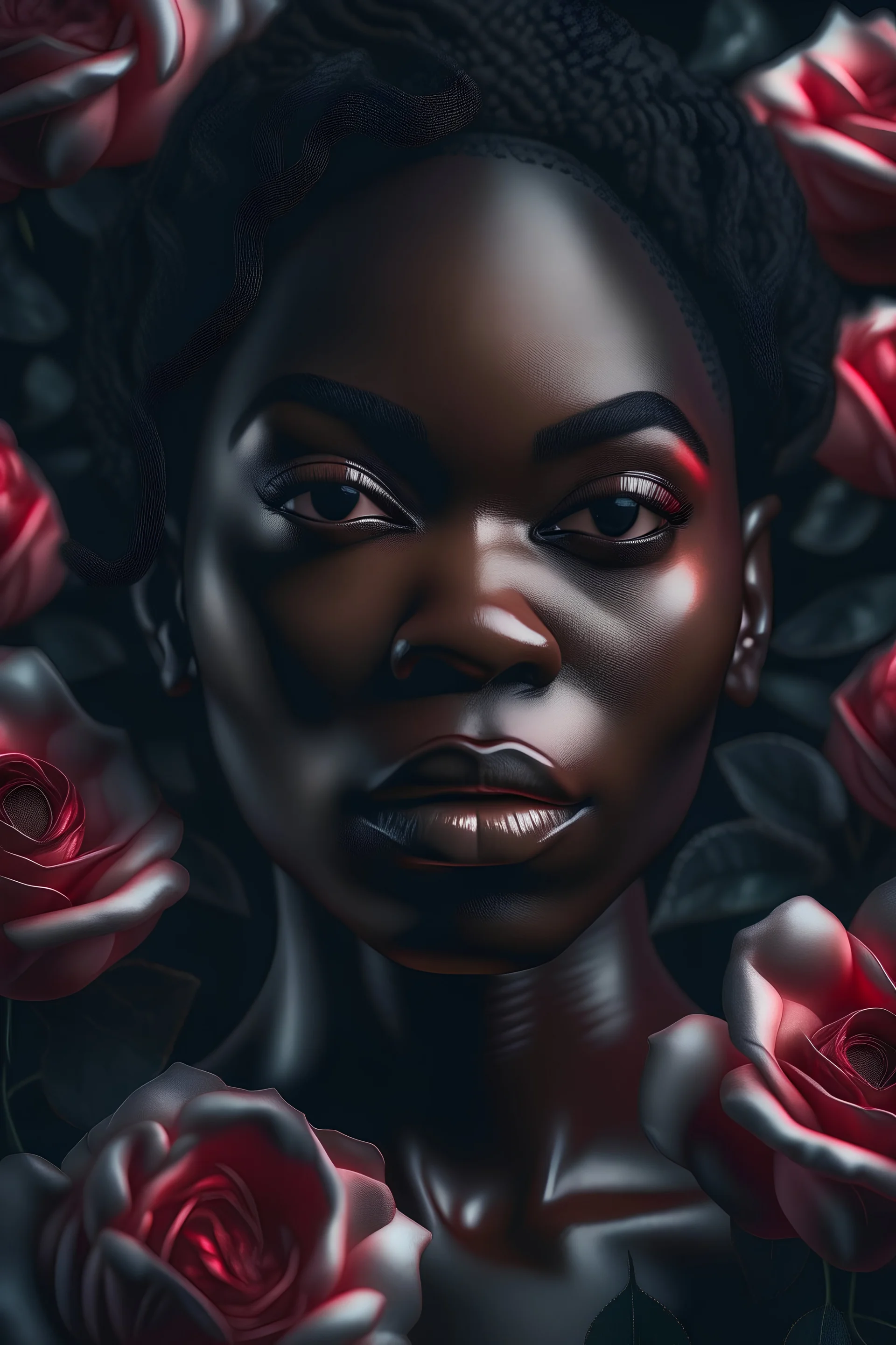 portrait, 1 ebony female surrounded by rose flowers, sharp focus, bright lighting, hyper realism, octane render, 8k, hyper detailed, photorealistic, ultra realistic, volumetric lighting, black background