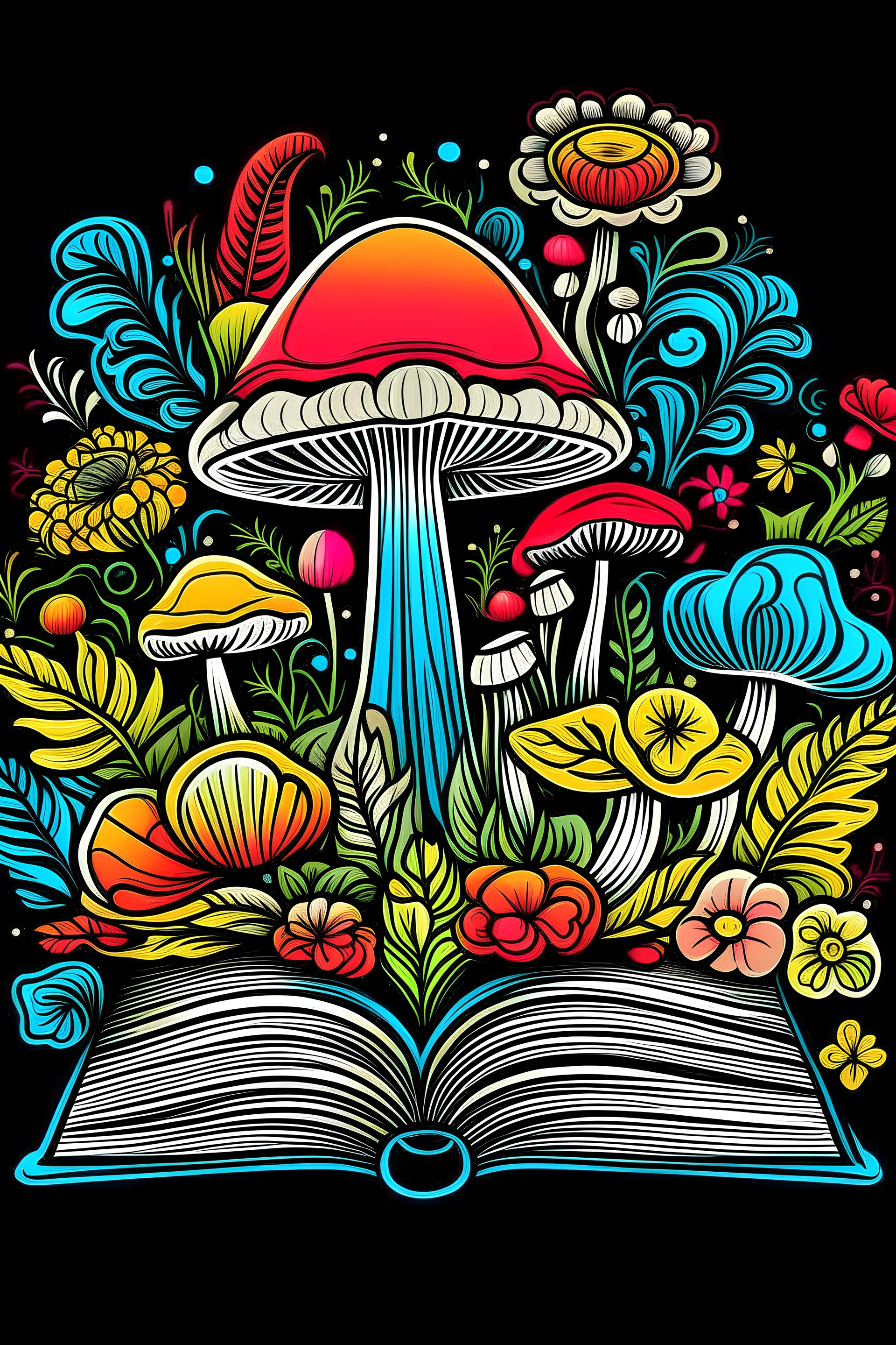 The cover of the “ mushroom” book is a lively and colorful cover that includes friendly characters Hibiscus mushroom , Coloring page for baby kids, cute flowers lines, feathers, clean line art, fine line art, black background