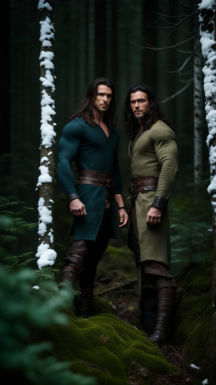 two Handsome and muscular 30 year old mountain men , long hair dark hair, facial hair, dark fantasy, snowy forest