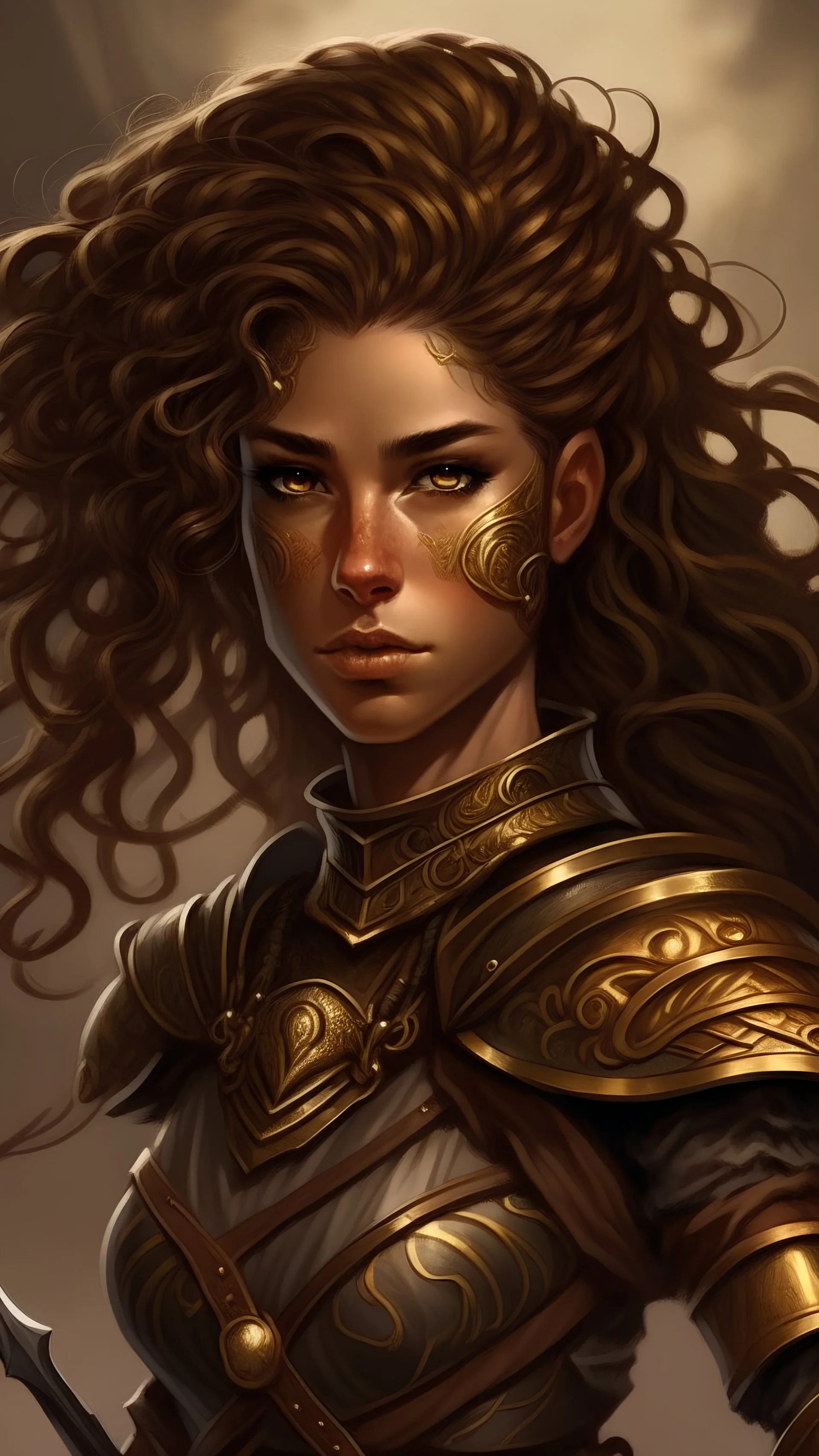 Fae, Mahogany hair,big voluminous curls,two braided braids on the right,Dark brown eyes flecked with gold, right eyebrow with small scratch, pretty face, black battle armor in Sahara style, two short swords