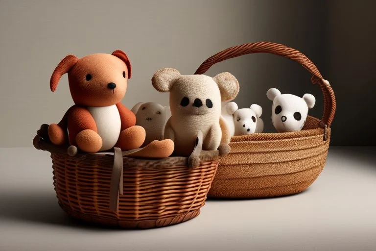 Cute but quirky stuffed animals lie in a carved basket on a soft sling, by candlelight