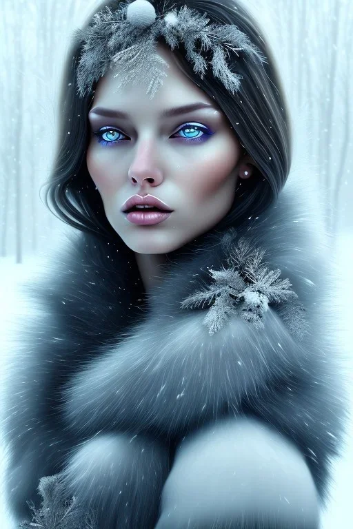 Wintertime Wonderland a Beautiful dark haired woman Hyperrealistic Digital Graphic in the Style of Jennifer Healy