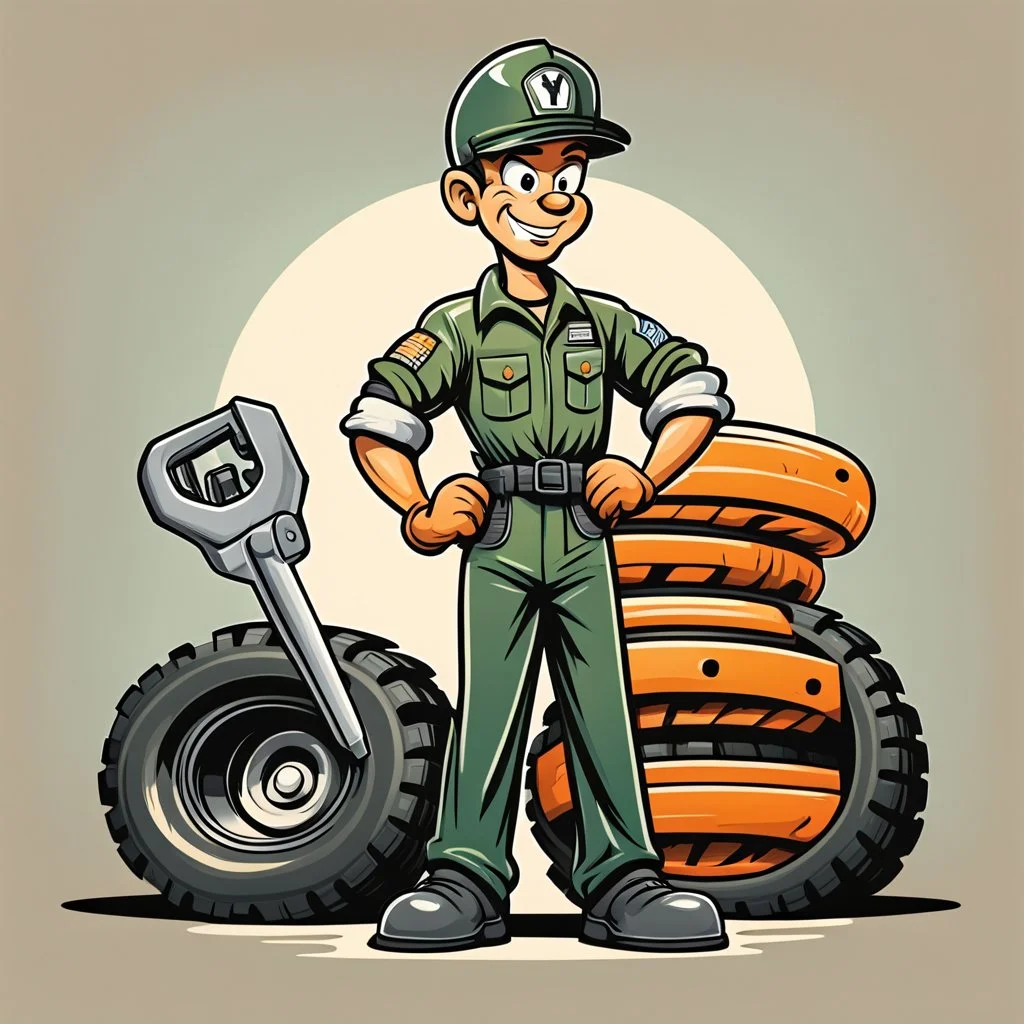 retro cartoon company mascot of a vehicle mechanic with a hint of forest ranger, holding a torque-wrench and next to a stack of tires