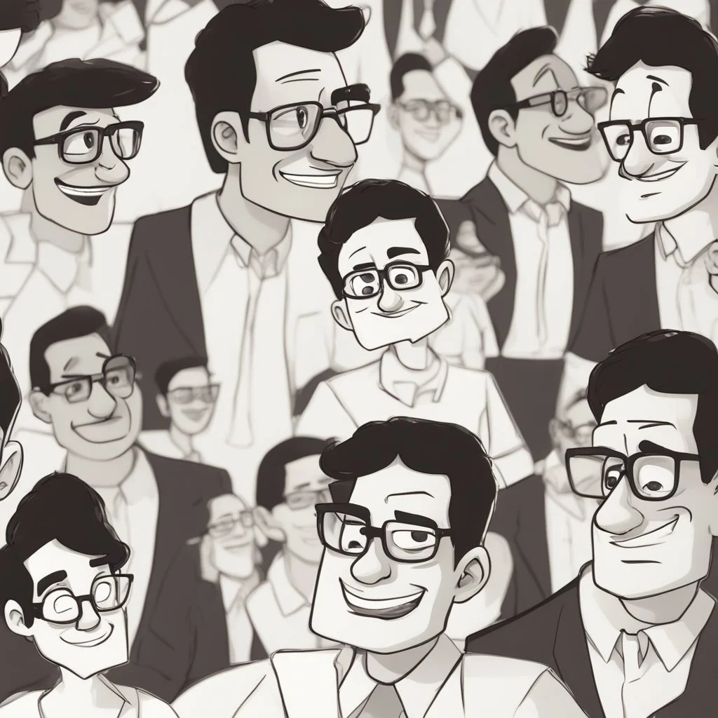 a portrait of smiling man. carricature. black hair. short hair. fair skin. dark brown eye pupils. monolid eye. wearing rectangle glasses. big nose. round face shape. formal dress. pixar style. 3D. 4k. portrait. highly detailed. sharp focus. high resolution. full color. cinema lighting