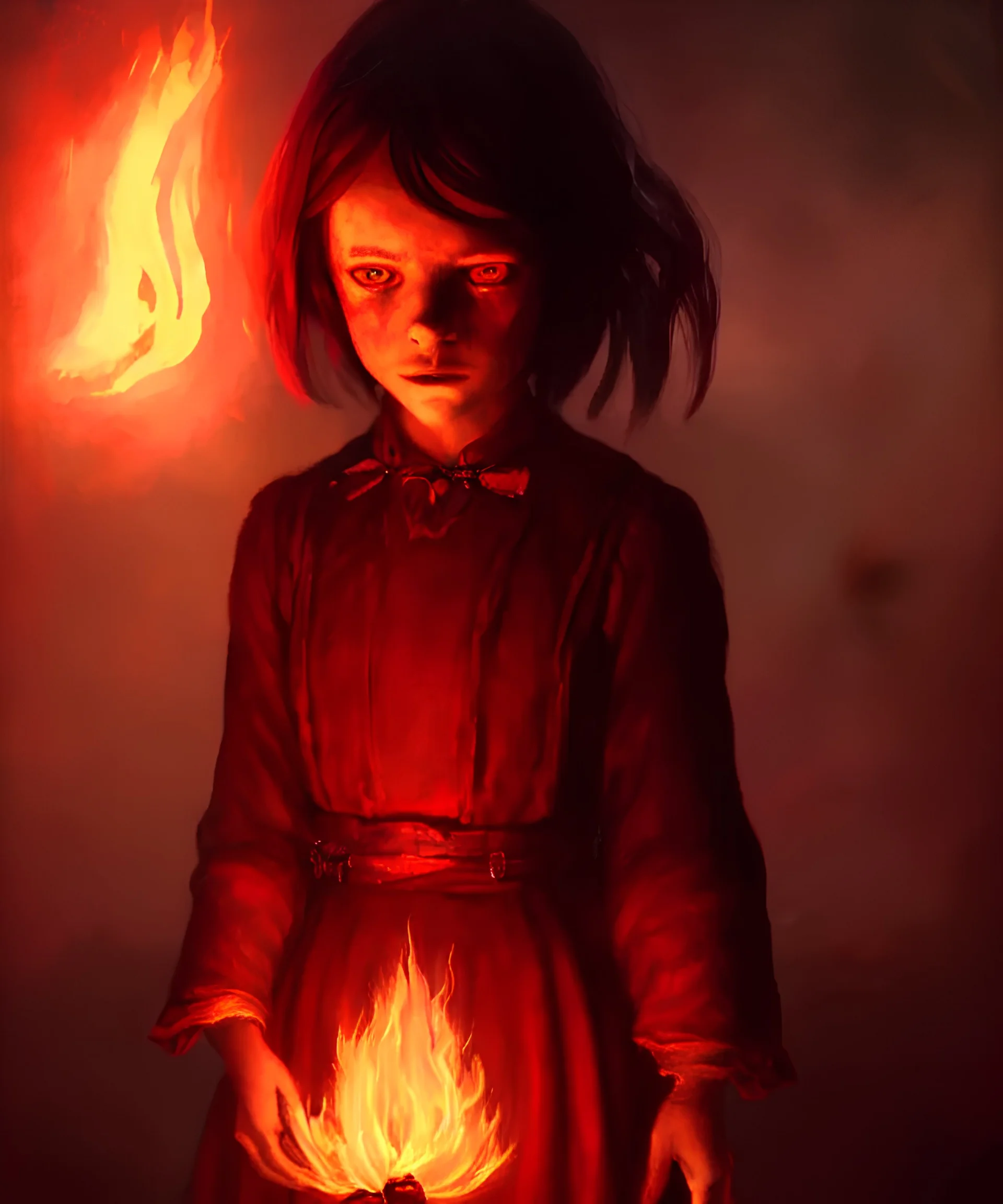 A fancy portrait of a creepy little girl in the middle of colourful flame's by Greg Rutkowski, deep colours, fantasy, mystical,unreal engine