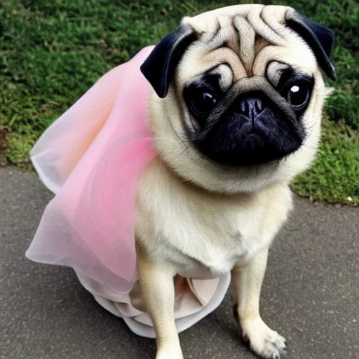 pug wearing a ballgown