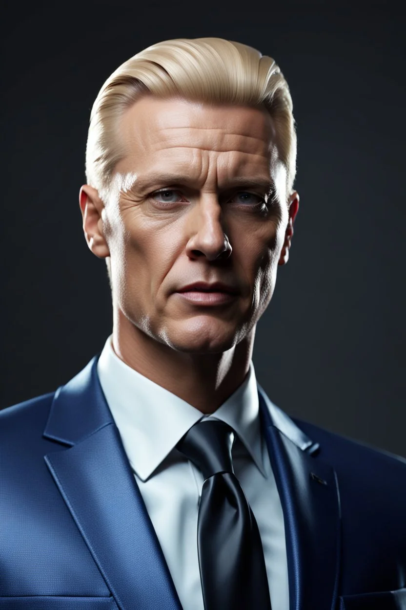 Middle aged man with blonde hair slicked back wearing a suite. photorealistic.4k