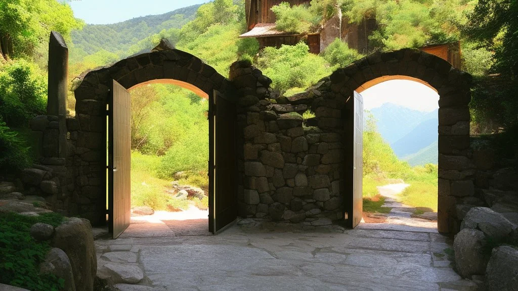 pathway leads to large door in the side of the mountain