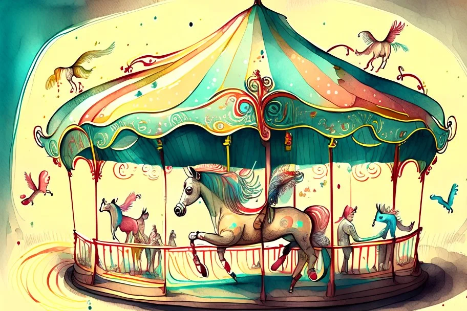 Carousel, drawing, illustration, children book style, realistic, high resolution, colorful