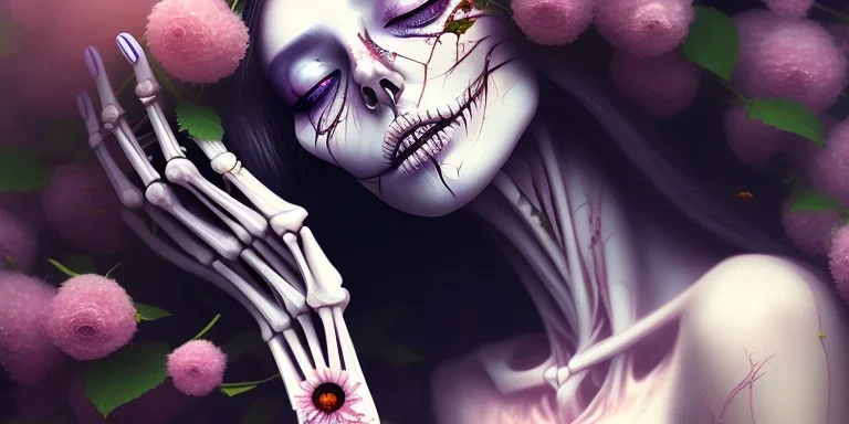 dead girl buried in flowers, beautiful, eyes closed, exposed skeleton