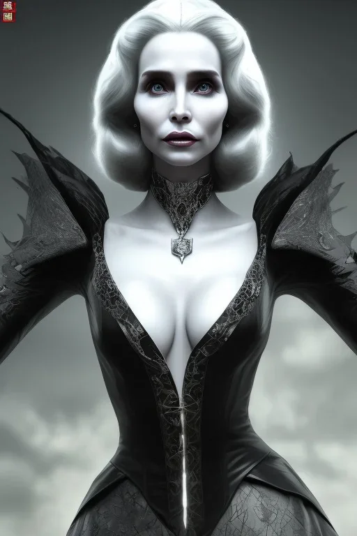 Constance Langdon as evil queen in black leather, busty, cleavage, angry, stern look. character design by fenghua zhong. unreal engine 5, artistic lighting, highly detailed, photorealistic, fantasy