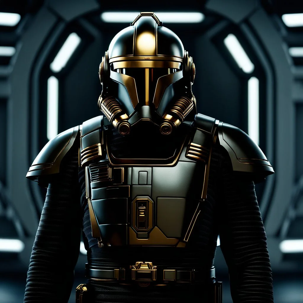 star wars bald male corellian pilot wearing gunmetal grey and black first order armored TIE pilot flightsuit and helmet with gold trim inside the jedi temple, centered head and shoulders portrait, hyperdetailed, dynamic lighting, hyperdetailed background, 8k resolution, volumetric lighting, light skin, fully symmetric details