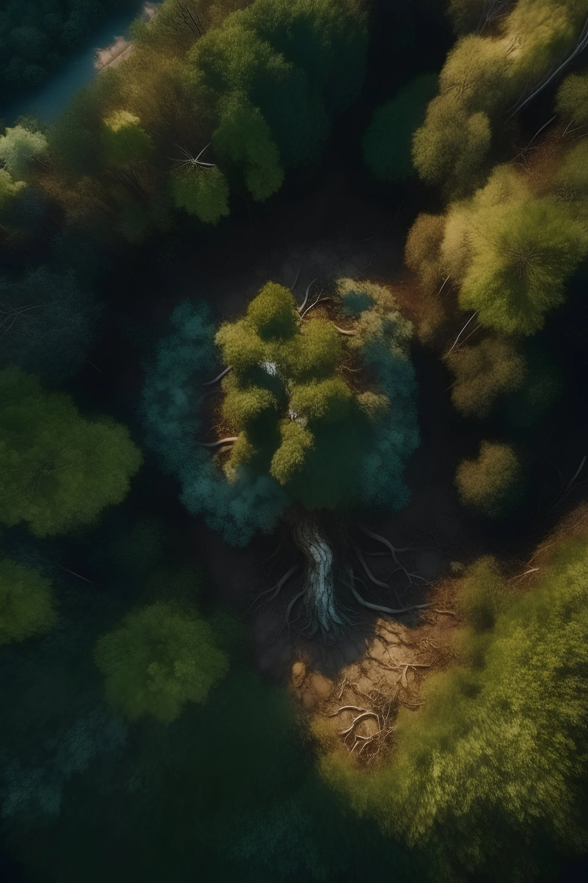 View from above a spiritual tree in the middle of a forest after war