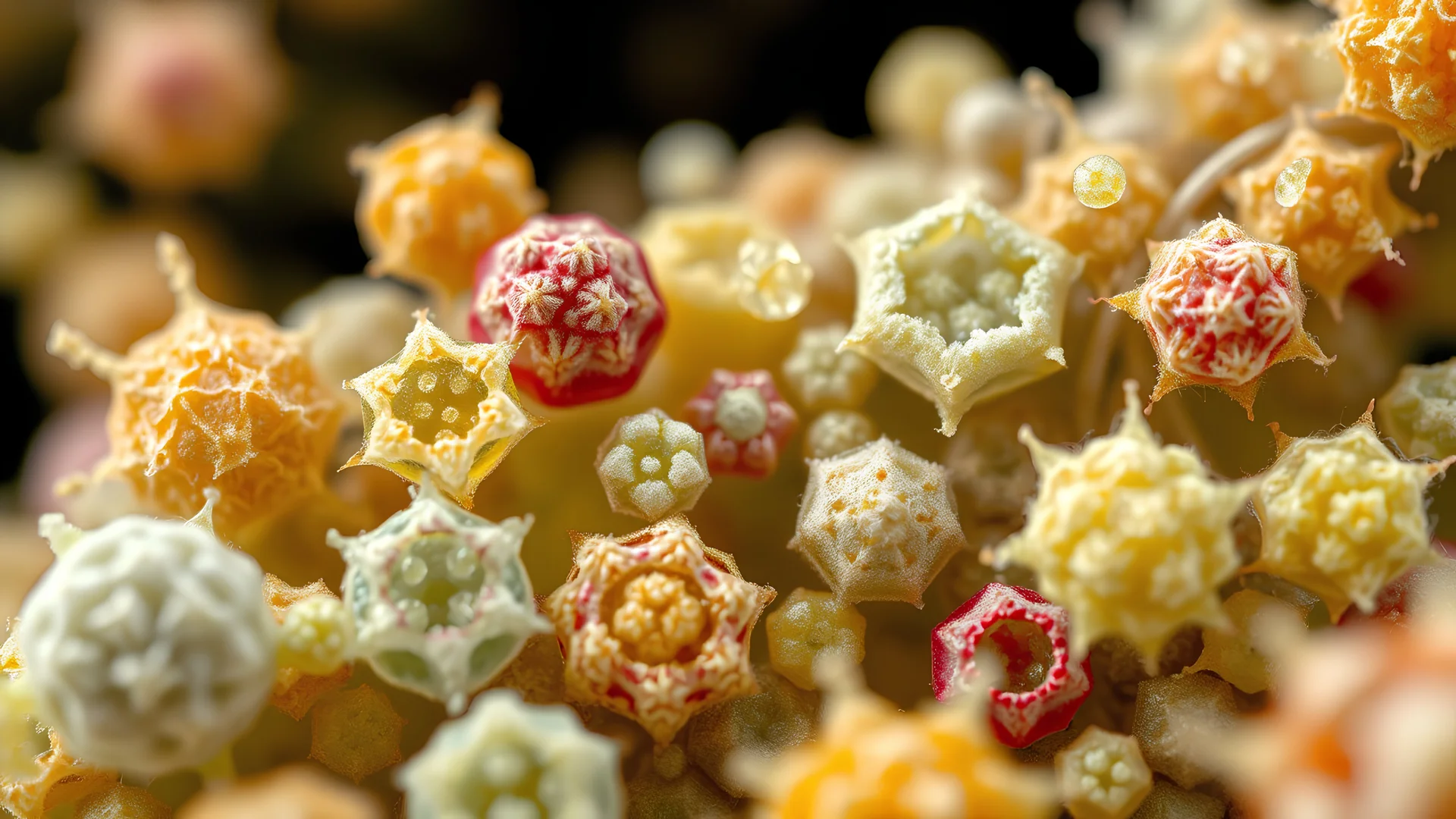 A high-resolution image of various pollen grains from different plant species. The photomicrograph shows the diverse shapes, sizes, colours and surface textures of the pollen, each grain appearing like a tiny, alien artifact. Beautiful award-winning photograph, inspiring, rule of thirds, balanced delightful composition, perfect lighting, superb detail, 16k render