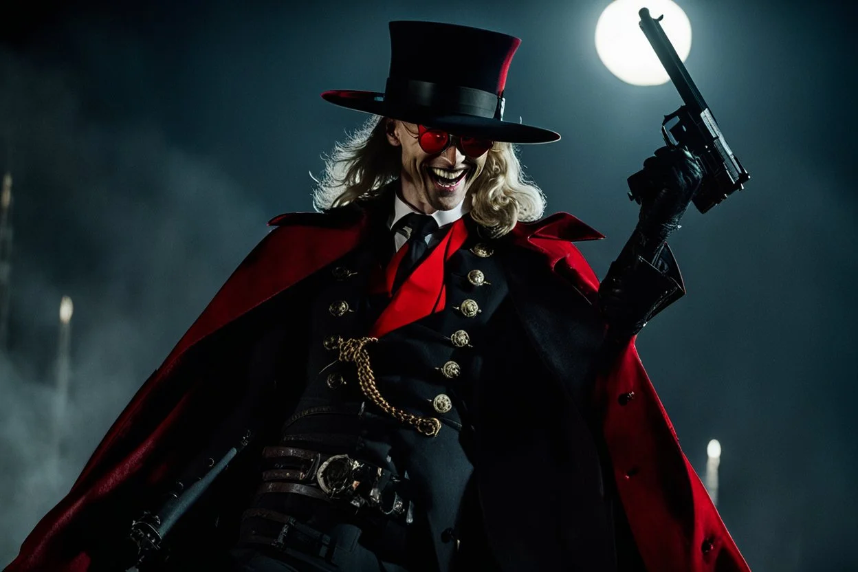 Action shot of Tom Hiddleston as Alucard from the live action "Hellsing" movie based on the anime of the same name. He is wearing his signature red hat and yellow glasses, while laughing in the moonlight and shooting his signature pistols.