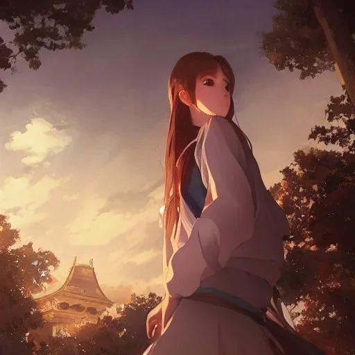 a girl looking to the sky, cinematic lighting, dramatic atmosphere, studio lighting delicate features finely detailed perfect art, at an ancient city, gapmoe yandere grimdark, trending on pixiv fanbox, painted by greg rutkowski makoto shinkai takashi takeuchi studio ghibli