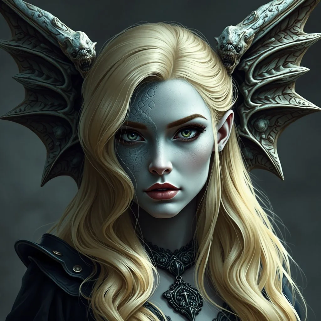 a blonde fantasy woman who is half human and half gargoyle, face is stone, medieval, gothic, digital art, stylised