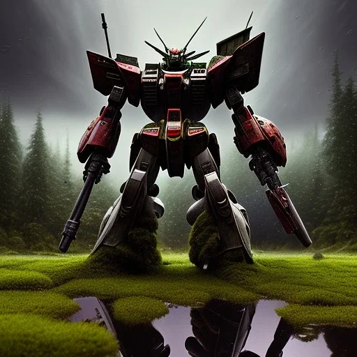 hyperrealistic shot, rusting and moss covered giant gundam, earth color palette, sharp focus, puddle reflection, tire water splash, refraction, rain and lightning on the horizon, shadowcast, detailed and intricate, cinematic composition, tilt shift photography