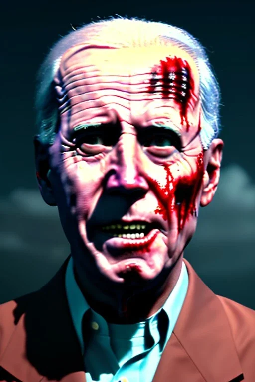 Ultra realistic image, joe biden zombie, zombie performance, blood, torn arm, night, walking twisted, waist up view, walking dead style, dark ambient, highly detailed, sky background, concept art, unreal engine 5, god rays, ray tracing, RTX, lumen lighting, ultra detail, volumetric lighting, 3d, finely drawn, high definition, high resolution.