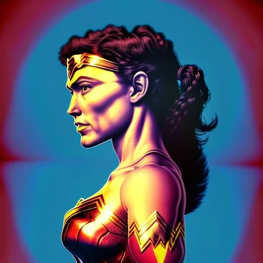 a vibrant ultraclear sideview waist up portrait of the wonder woman robot by rene magritte and laurie greasley, etching by gustave dore, colorful flat surreal, ethereal, intricate, sharp focus, illustration, highly detailed, digital painting, concept art, masterpiece