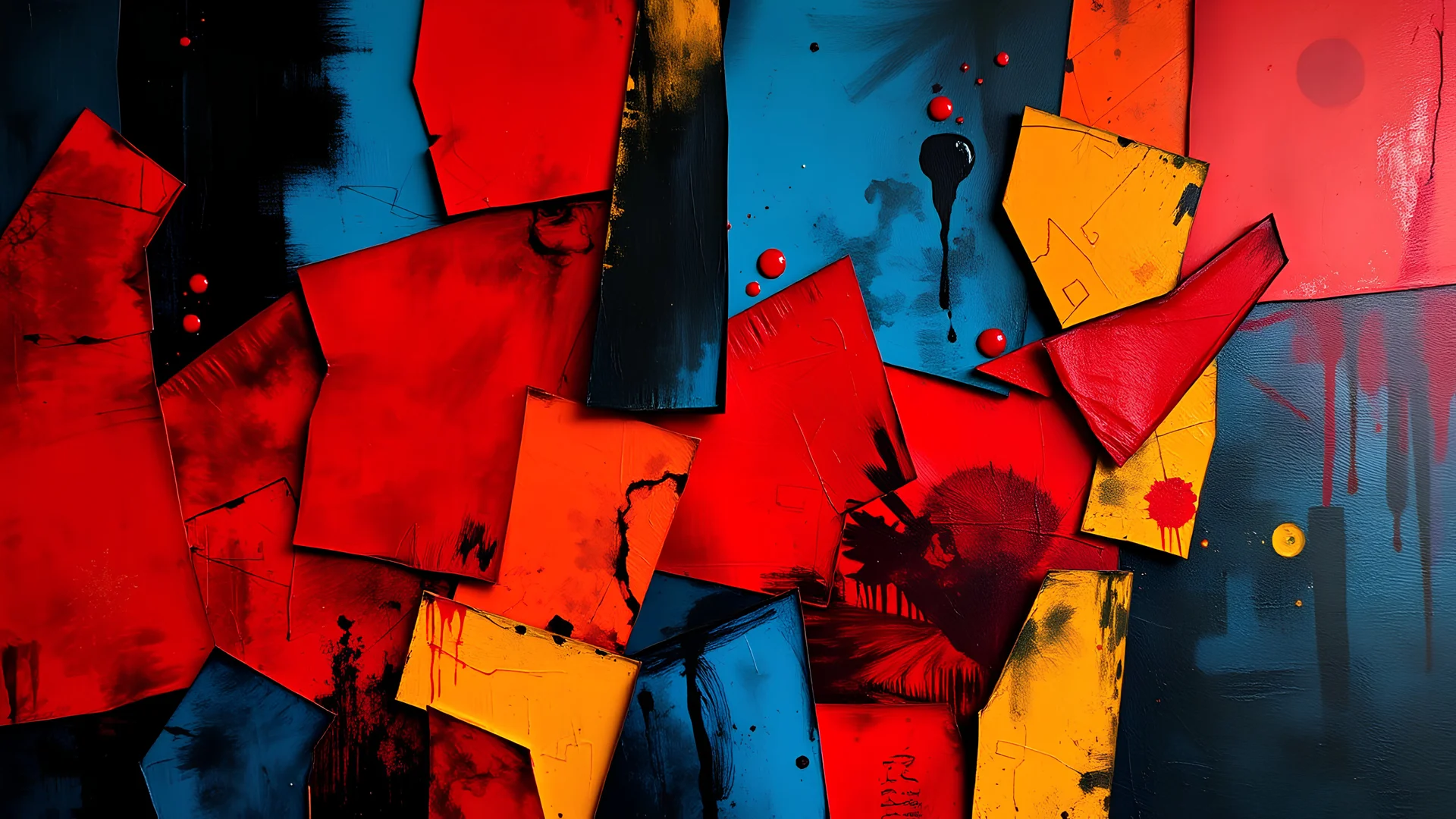 disjointed colors in an abstract composition, featuring bold reds, blues, and yellows, with dark shadows intertwined, creating a sense of depth and intrigue in the imagery.