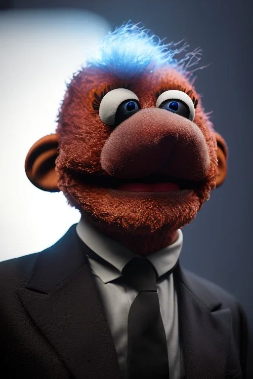 Waist up muppet Portrait, Vladimir Putin as muppet doll, Black suit, photo studio, blue background, unreal engine 5, concept art, art station, god lights, ray tracing, RTX, lumen lighting, ultra detail, volumetric lighting, 3d.